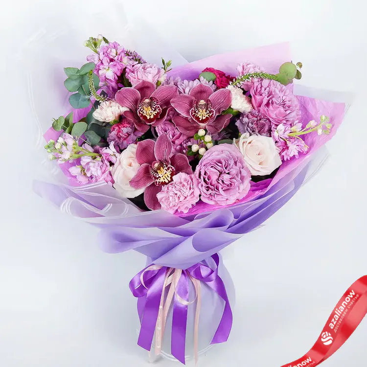 Розы, гвоздики и орхидеи в букете «Искреннее счастье» от AzaliaNow