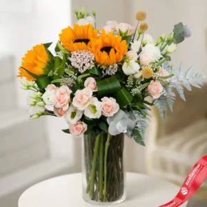 Букет с подсолнухами, розами, лизиантусами и краспедией «Моя прекрасная леди» от AzaliaNow
