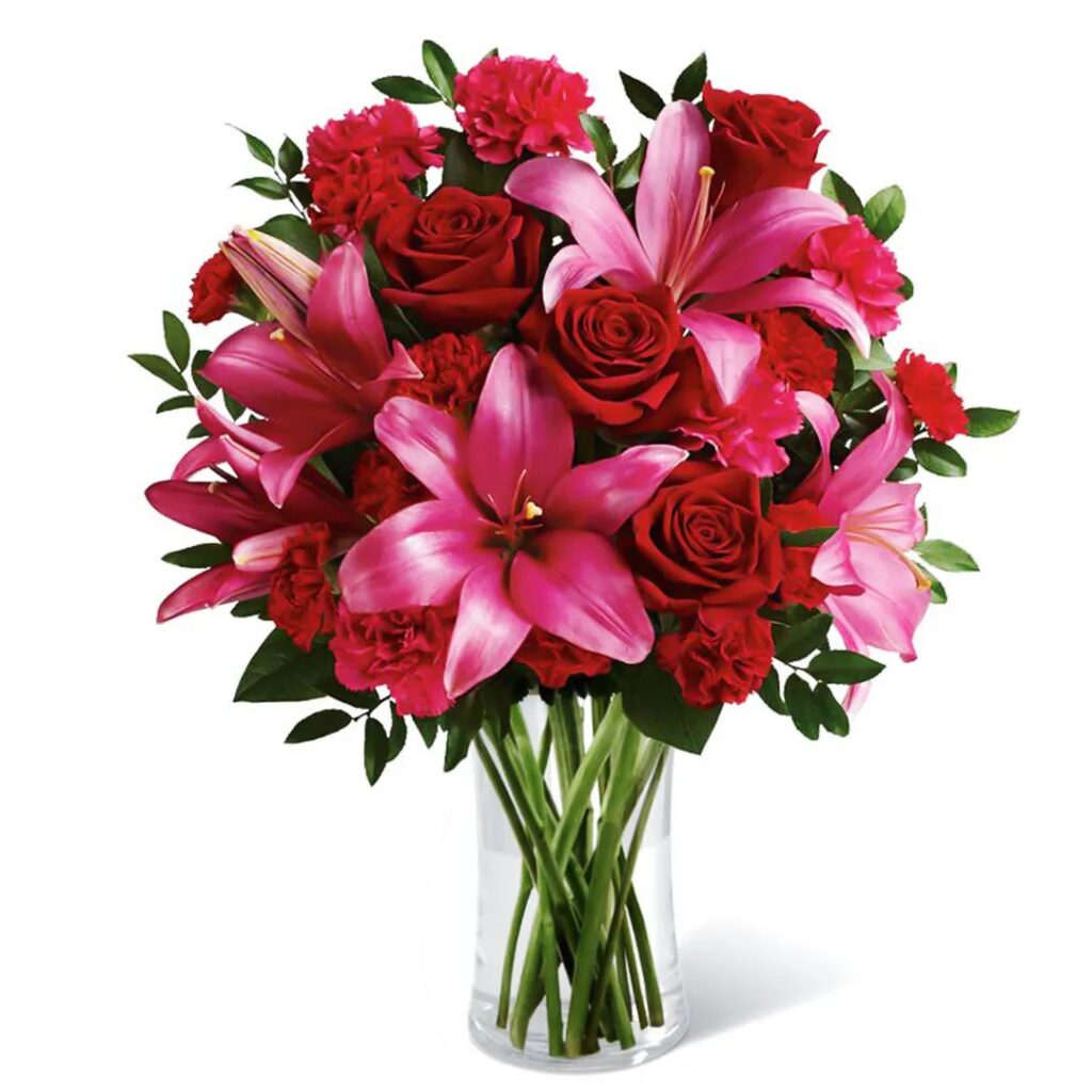 Букет из красных роз, гвоздик и лилий «Милада» от AzaliaNow