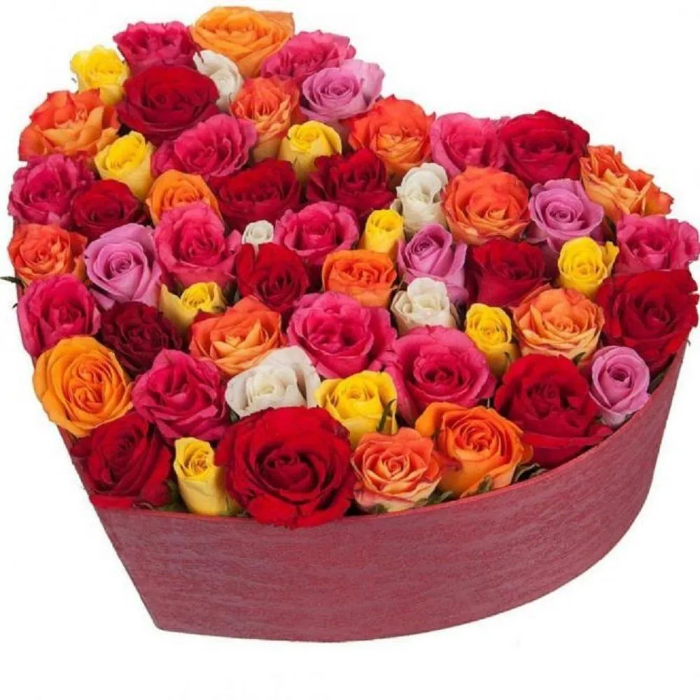 Букет из 51 розы микс в коробке в форме сердца от AzaliaNow